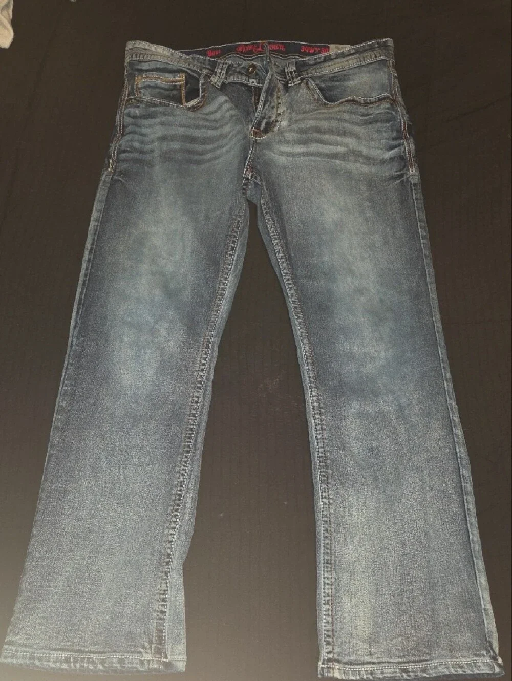 Slim Straight Men's Blue Jeans with Red Embroidered Waistband